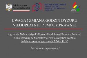 UWAGA - ZMIANA GODZIN DYŻURU NIEODPŁATNEJ POMOCY