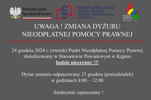 UWAGA ! ZMIANA DYŻURU NIEODPŁATNEJ POMOCY PRAWNE